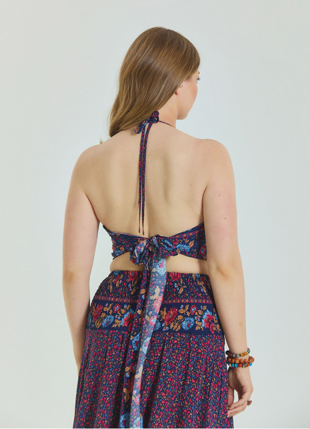 Halter Neck Open Back Pink Floral Plus Size Crop Blouse 4616